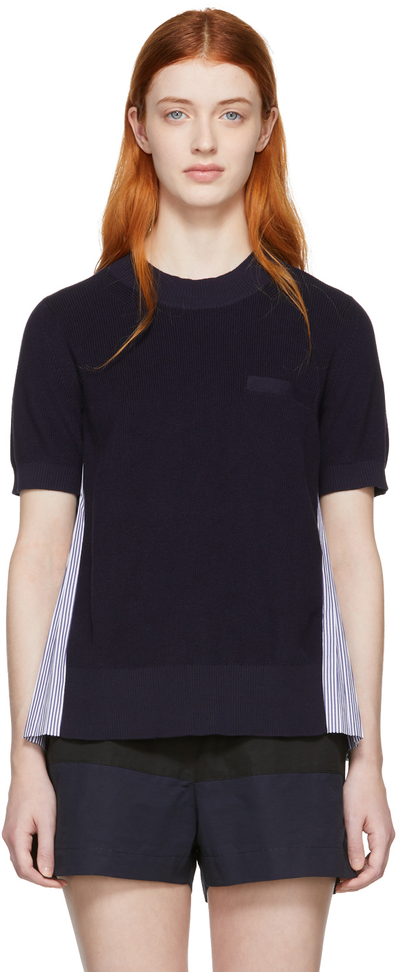 sacai: Navy Panelled Pinstripe Knit Sweater | SSENSE