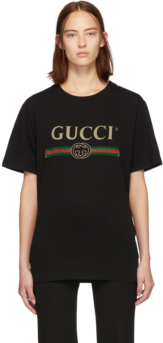 Gucci: Black Oversized Logo Flower T-Shirt | SSENSE Canada
