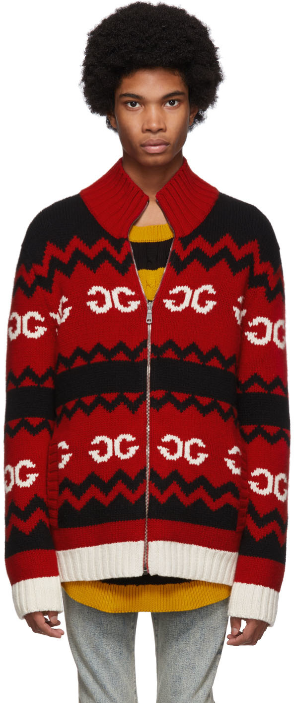 Red Wool Mirrored GG Zip-Up Sweater