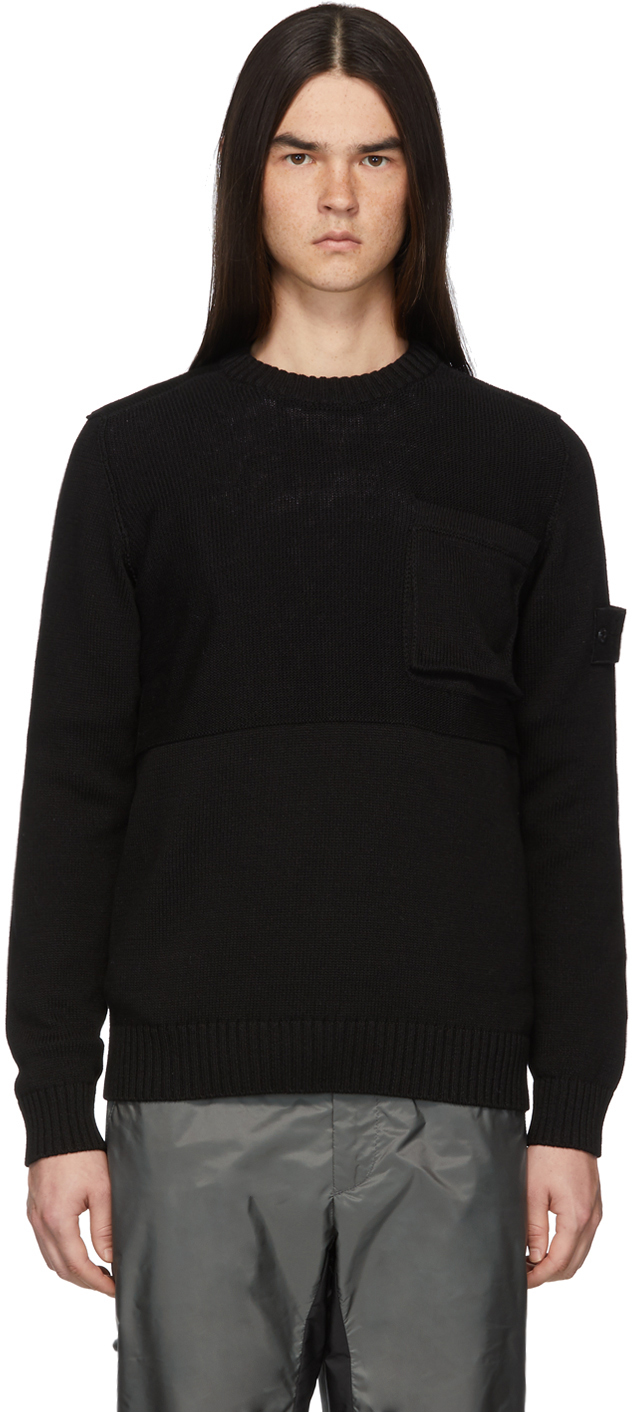 Stone Island: Black Knit Crewneck Sweater | SSENSE Canada