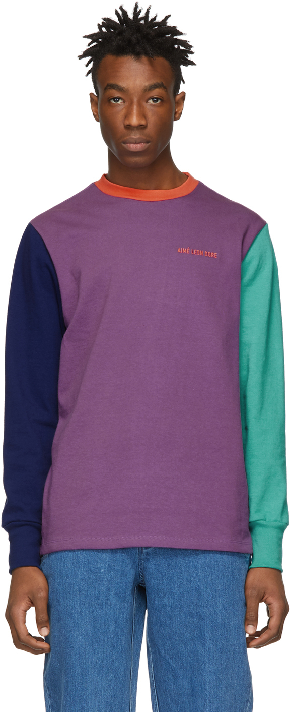 Aimé Leon Dore: Purple Colorblocked Logo Long Sleeve T-Shirt | SSENSE