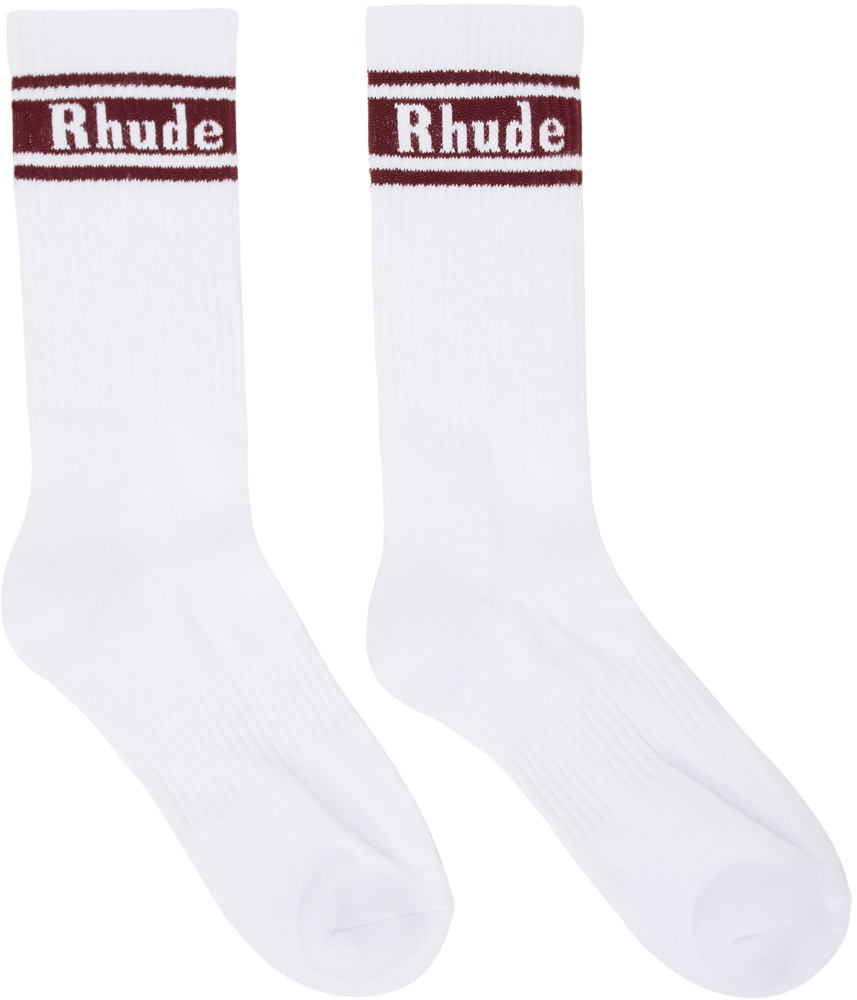 Rhude: White & Burgundy Logo Socks | SSENSE
