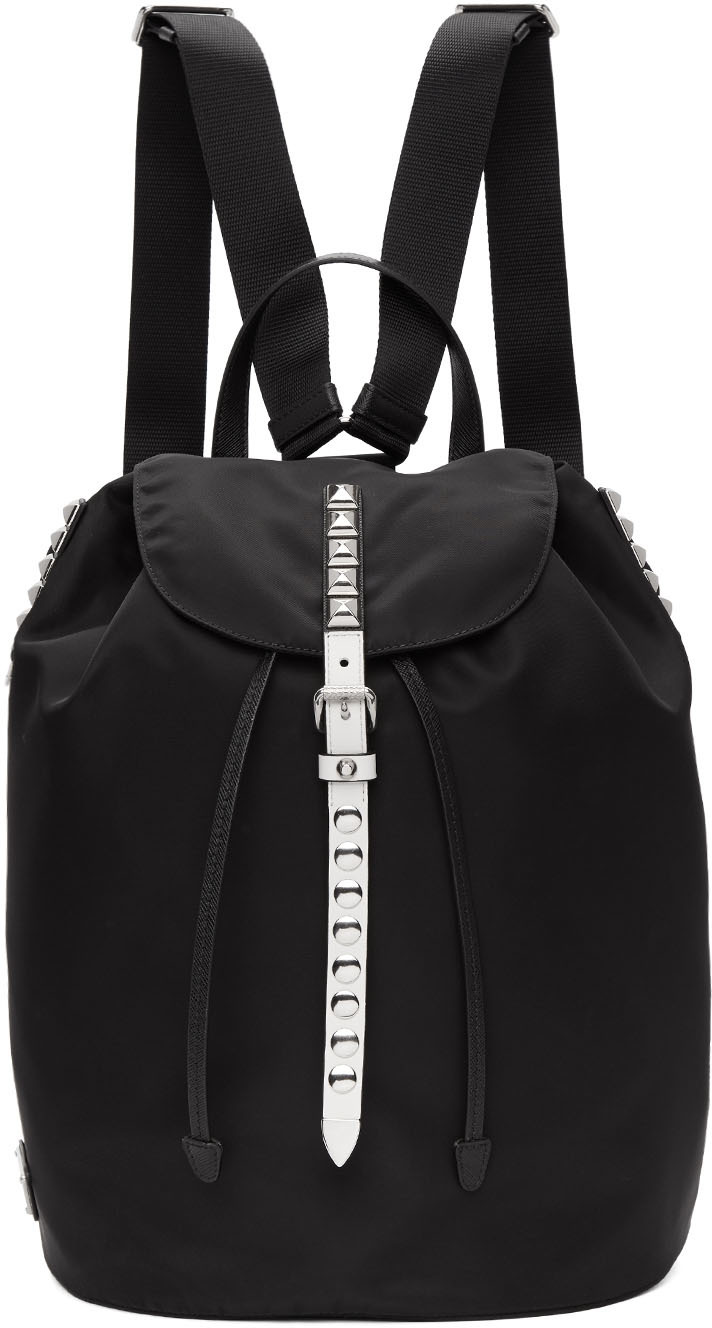 Prada: Black & White Studded New Vela Backpack | SSENSE