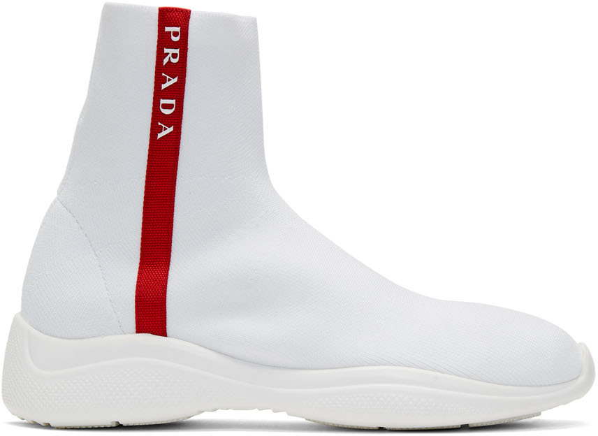 White Knit High-Top Sneakers by Prada 