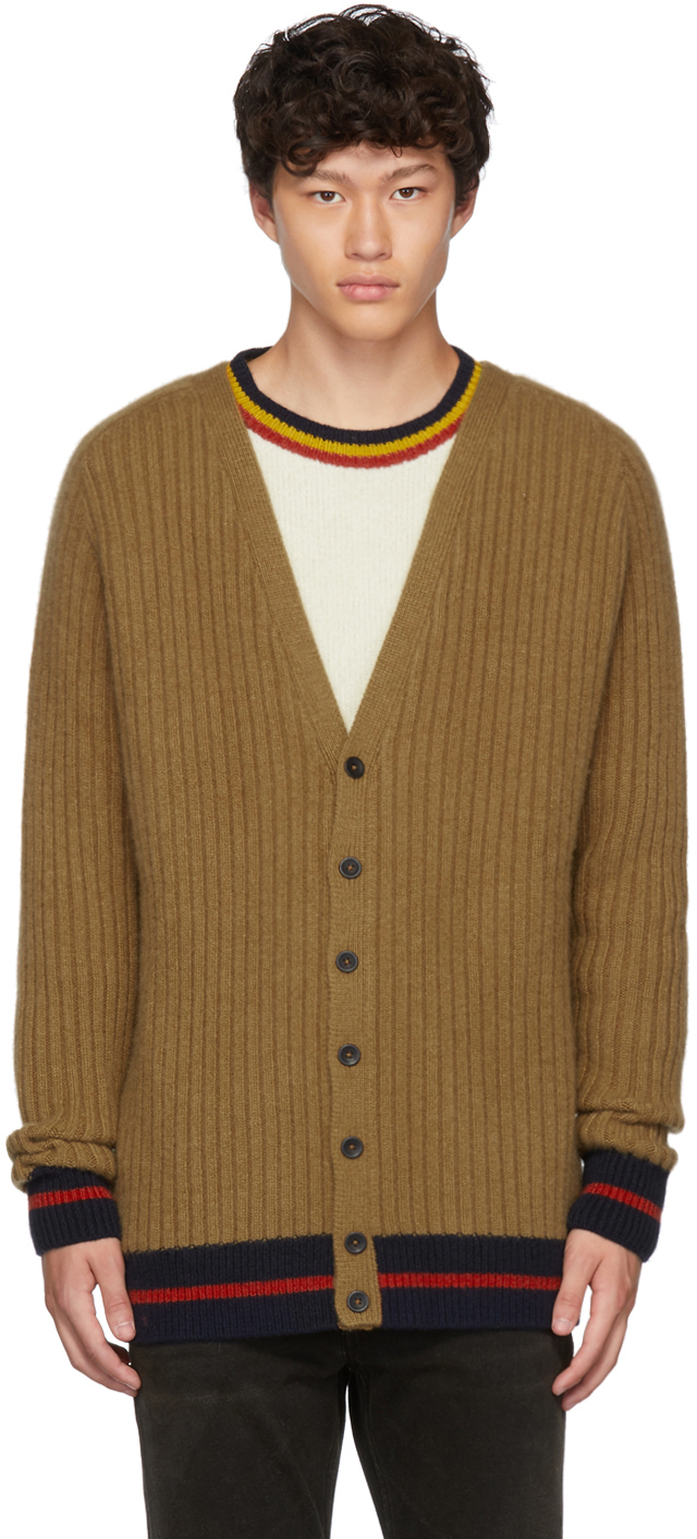 The Elder Statesman: Tan & Navy Striped Cardigan | SSENSE