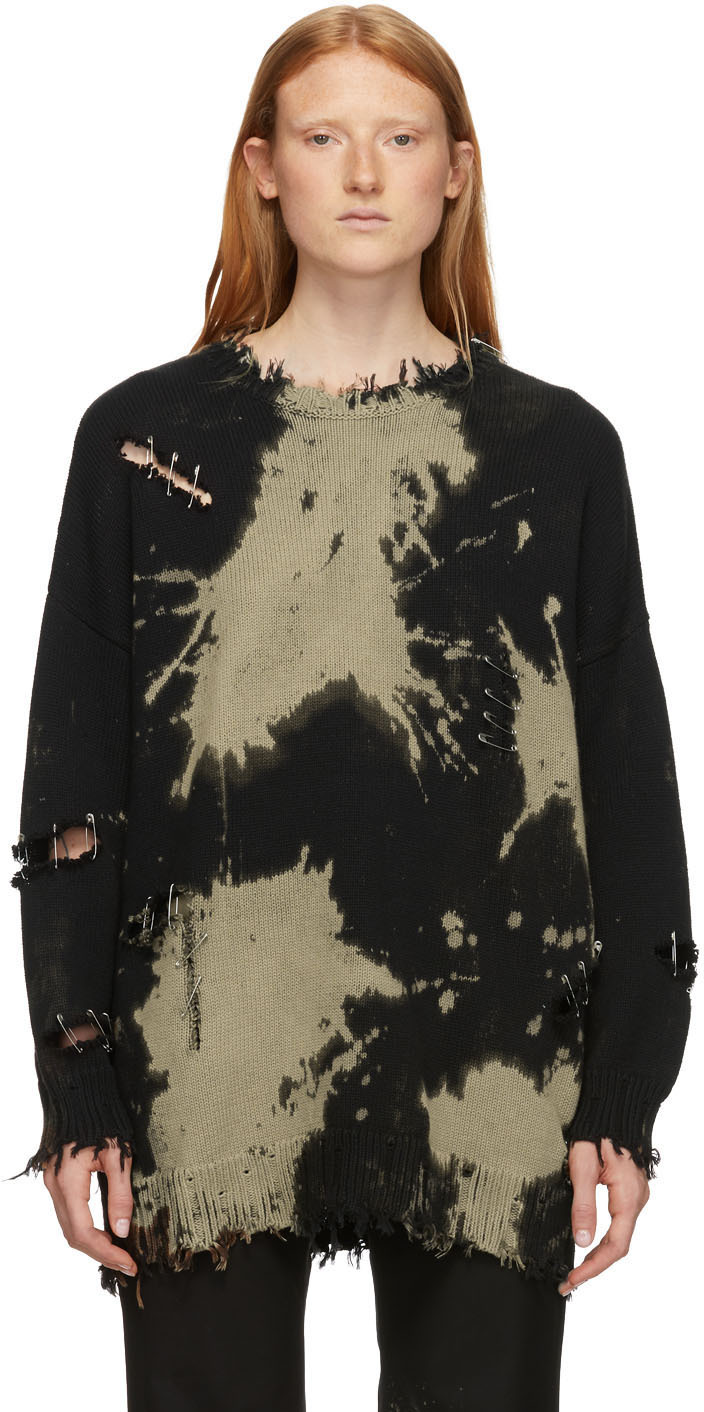 R13: Black & Brown Bleach Distressed Crewneck Sweater | SSENSE