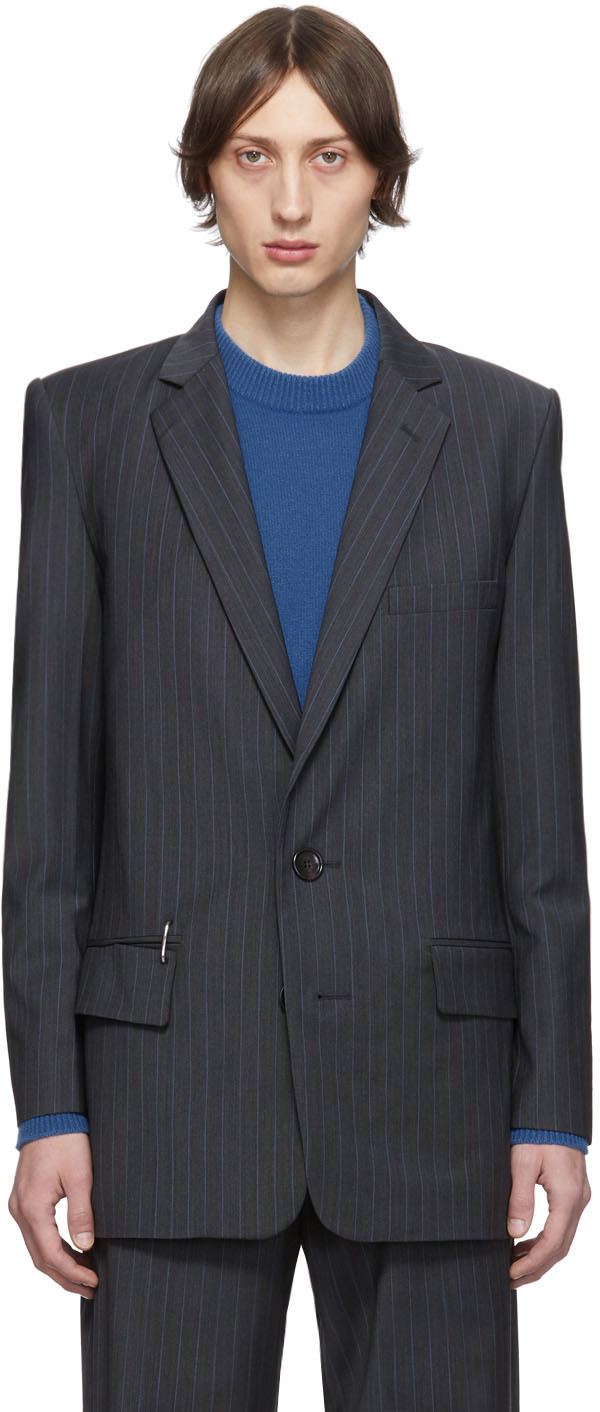 Tibi: SSENSE UK Exclusive Grey Wool Pinstripe Long Blazer | SSENSE
