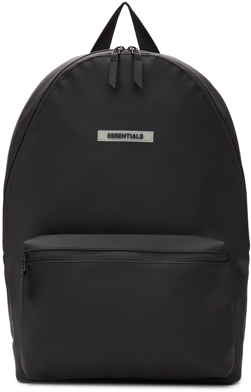 Essentials: Black Coated Logo Backpack | SSENSE