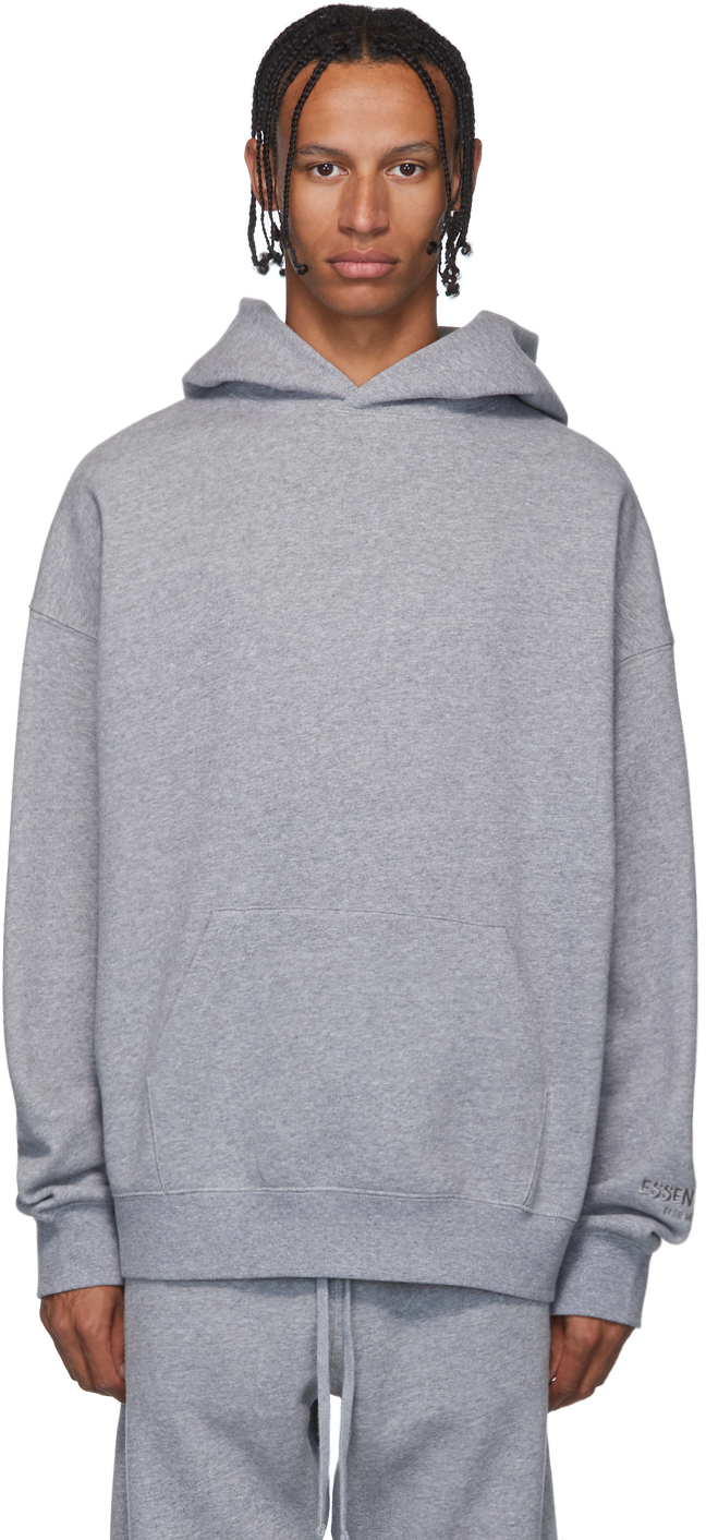 Essentials: Grey Reflective Logo Pullover Hoodie | SSENSE