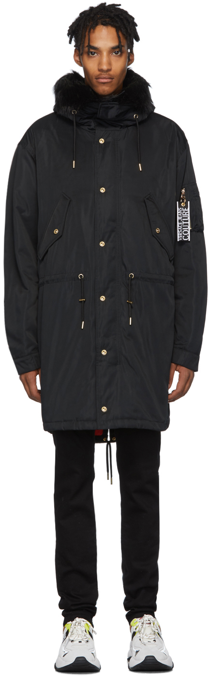 Versace Jeans Couture: Black Logo Coat | SSENSE Canada