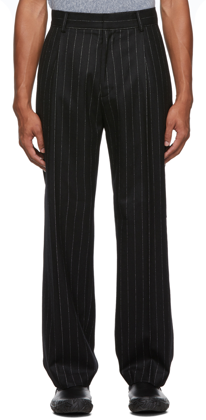 Keenkee: Black Pinstripe Wool Casual Trousers | SSENSE