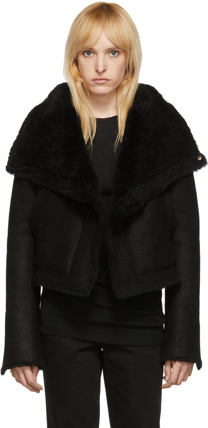 Rick Owens: Black Shearling Trucker Biker Jacket | SSENSE