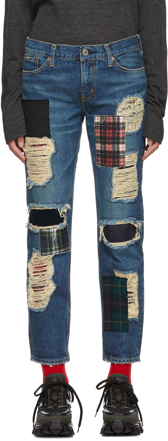 Junya Watanabe: Indigo Denim Patchwork Jeans | SSENSE