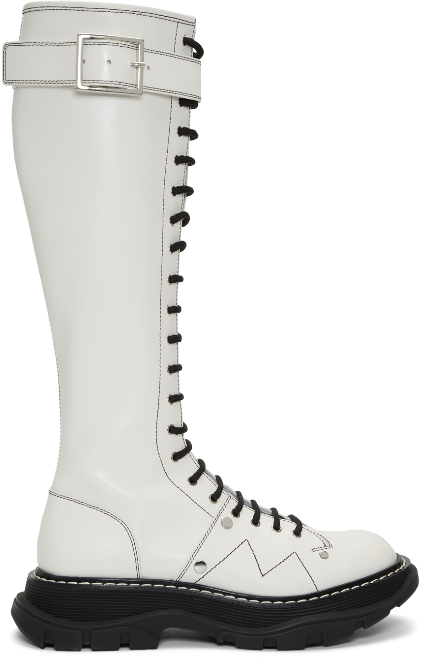 White Tread Lace-Up Tall Boots 