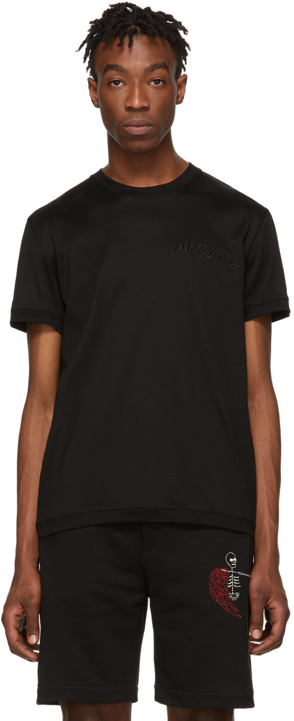 Alexander McQueen: Black Embroidered Logo T-Shirt | SSENSE