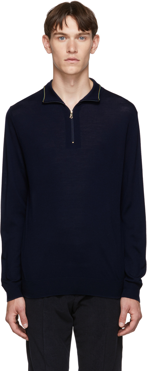 Paul Smith: Navy Zip Neck Sweater | SSENSE