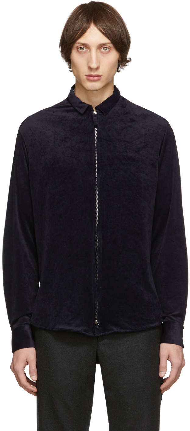 Giorgio Armani: Navy Velvet Zip Shirt | SSENSE