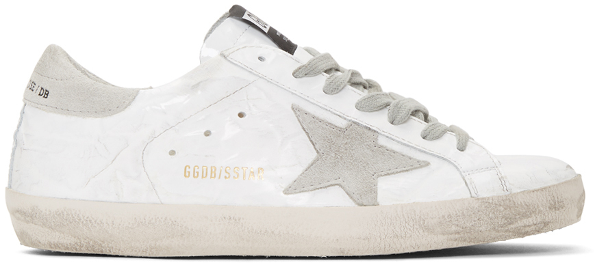 Golden Goose: White & Grey Patent Superstar Sneakers | SSENSE