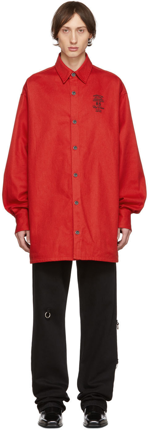 Raf Simons: Red Denim 'Burning Down The House' Big Fit Shirt | SSENSE