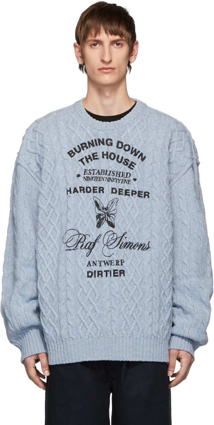 Raf Simons: Blue Aran Crewneck Sweater | SSENSE