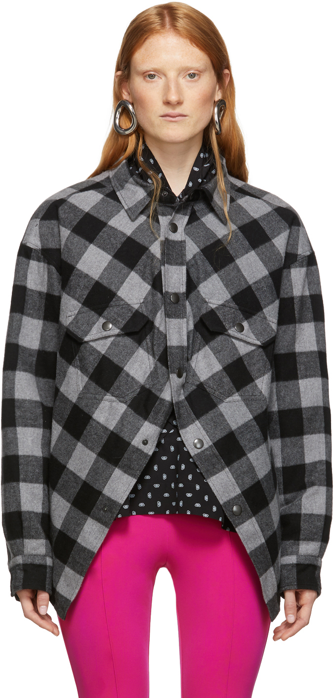 Balenciaga: Grey & Black Check Flannel Swing Canadian Jacket | SSENSE