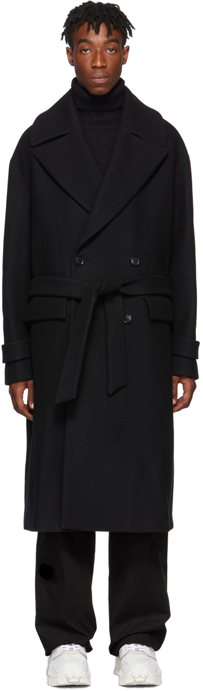 Juun.J: Black Wool Double-Breasted Coat | SSENSE