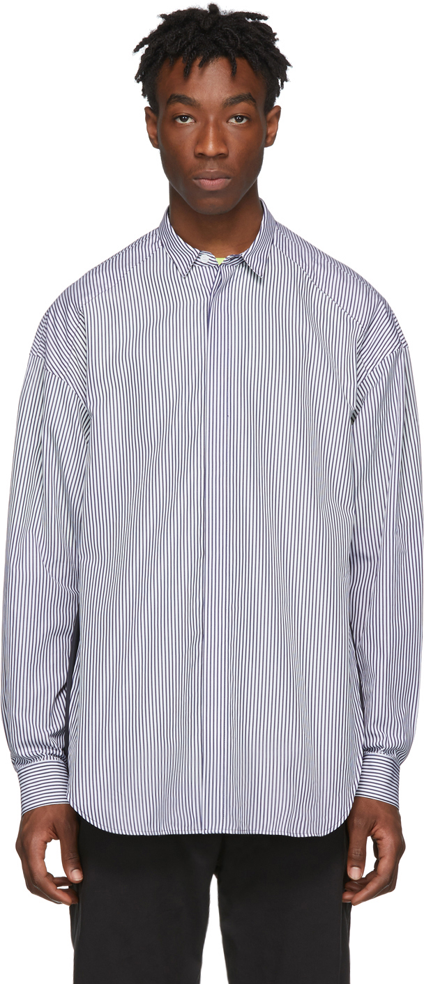 Juun.J: Navy & White Pinstripe Shirt | SSENSE