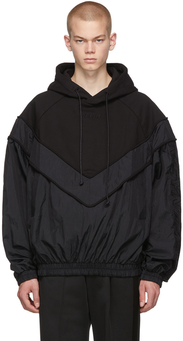 Juun.J: Black 'N'Synthetic' Panelled Hoodie | SSENSE