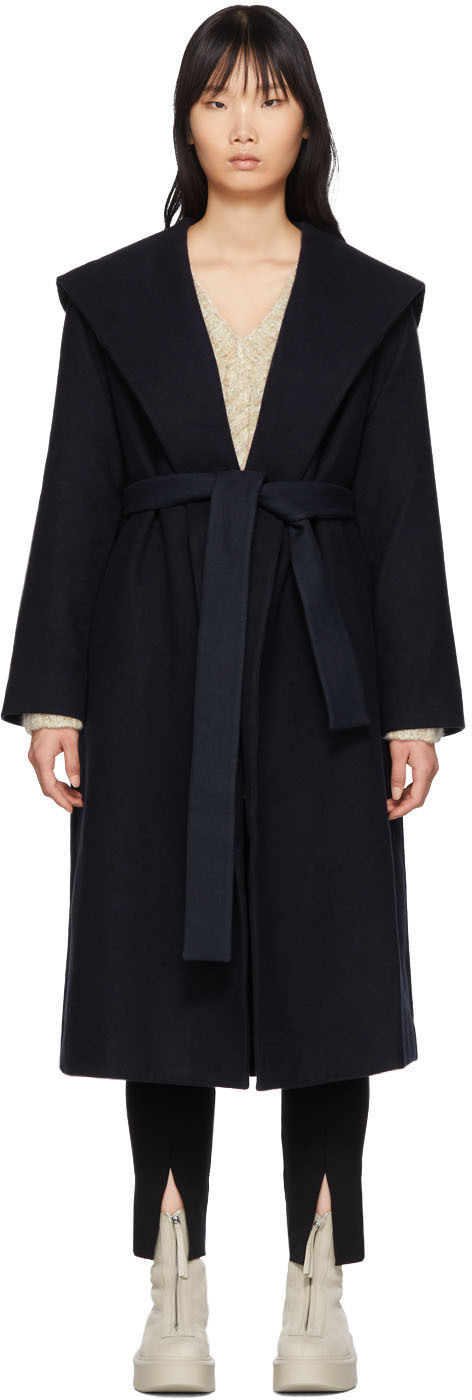 The Row: Navy Riona Hooded Coat | SSENSE