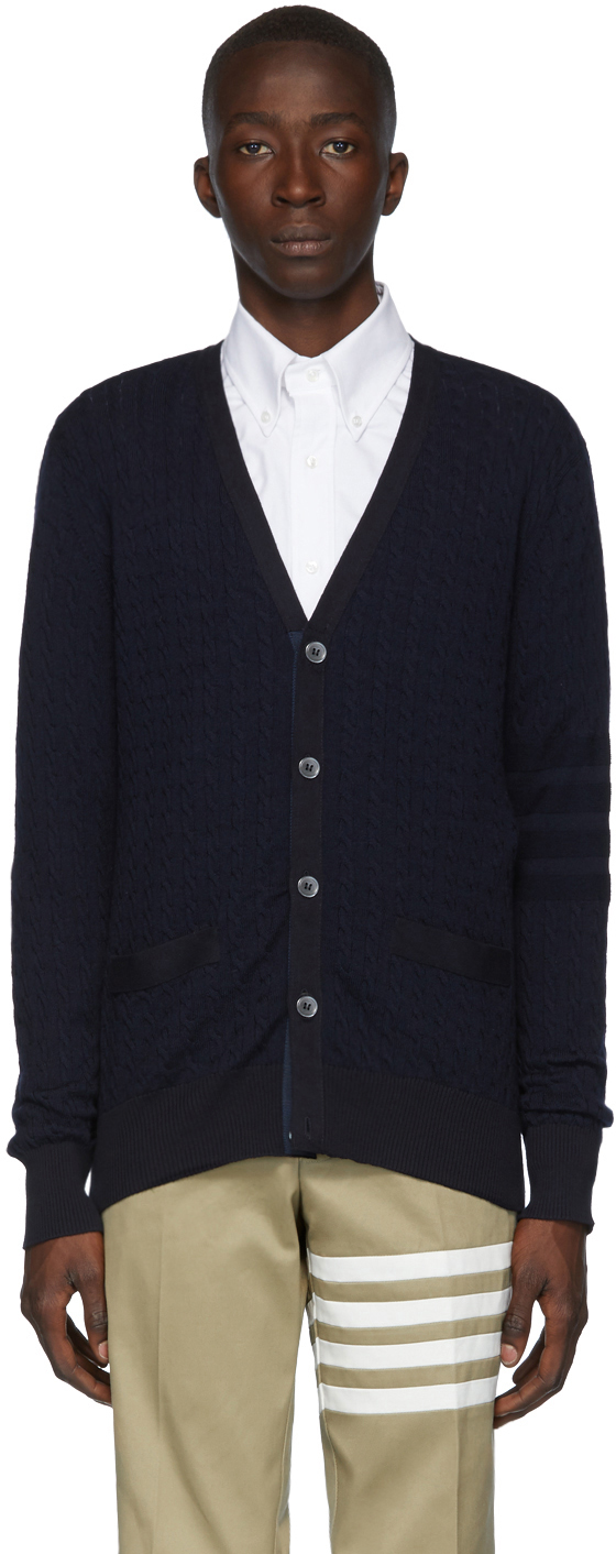 Thom Browne: Navy Baby Cable Knit V-Neck Cardigan | SSENSE