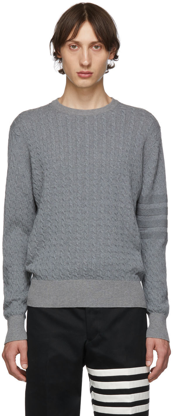 Thom Browne: Grey Baby Cable Knit Crewneck Sweater | SSENSE