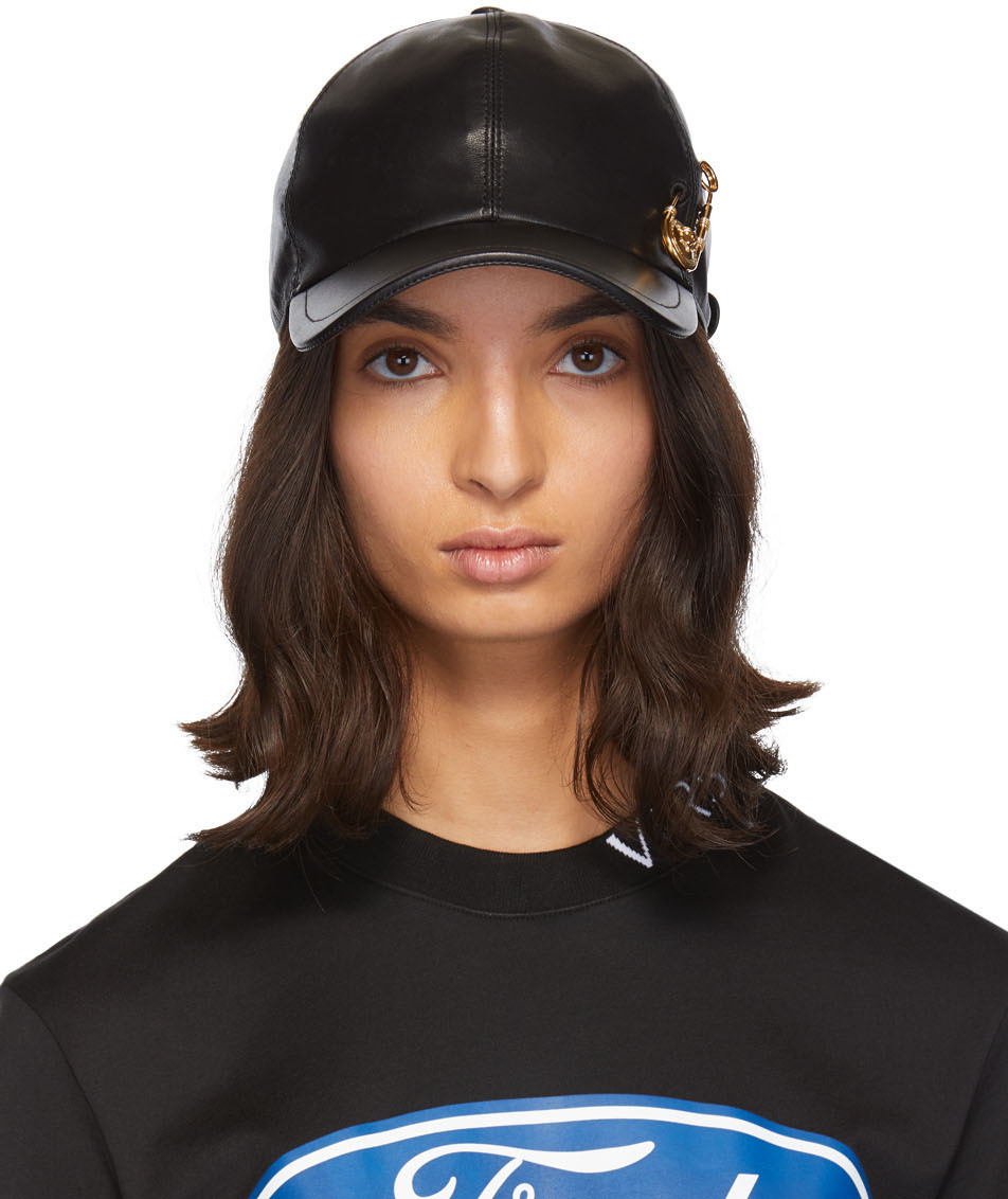 Versace: Black Leather Safety Pin Baseball Cap | SSENSE