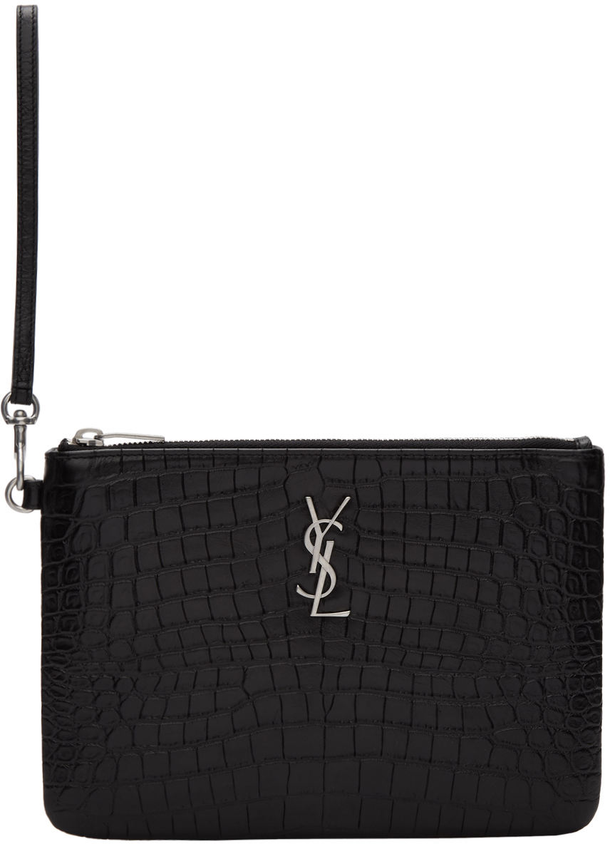 Saint Laurent: Black Croc Monogramme Pouch | SSENSE