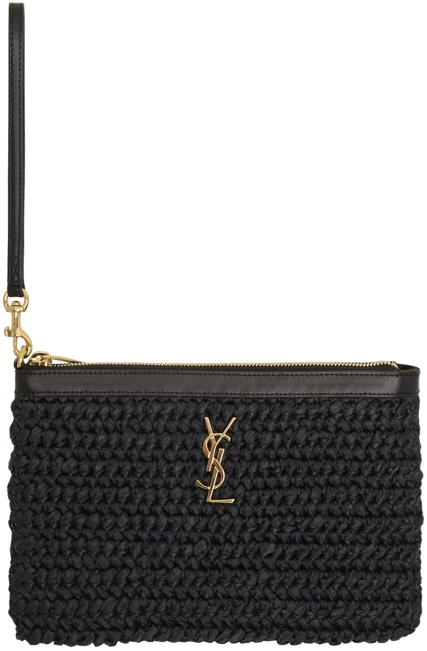 Saint Laurent: Black Raffia Monogramme Pouch 