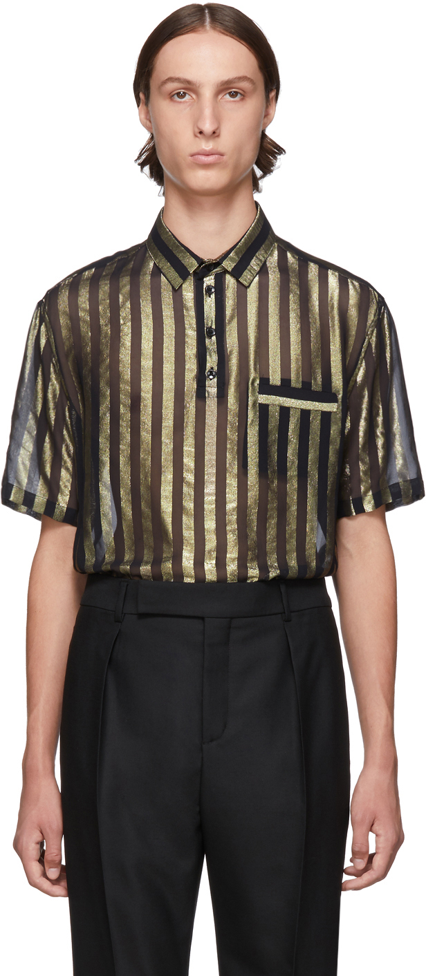 Saint Laurent: Black & Gold Silk Lamé Stripes Polo Shirt | SSENSE