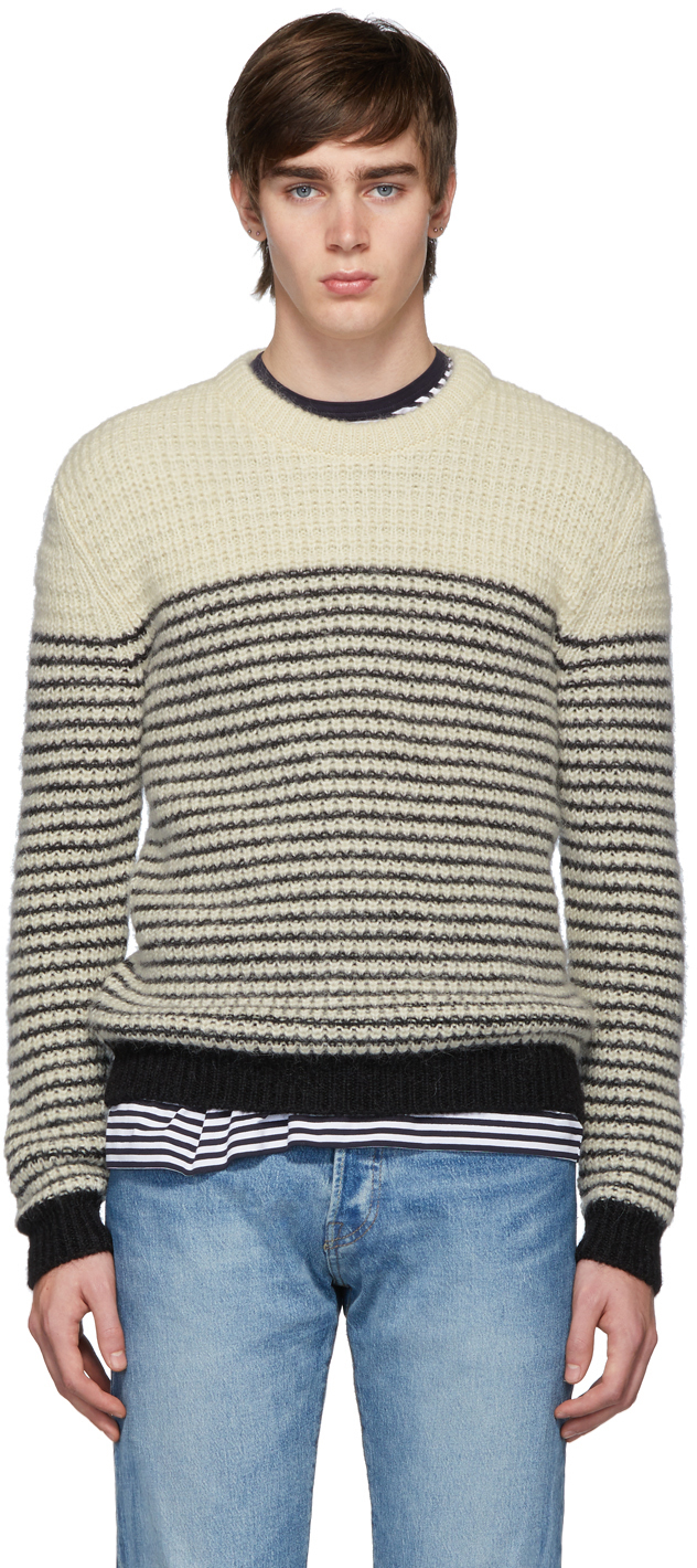 Saint Laurent: Off-White & Black Stripes Crewneck Sweater | SSENSE