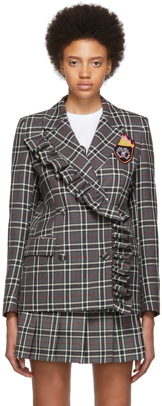SSENSE Exclusive Grey Checked Flame Crest Varsity Blazer by MSGM on Sale
