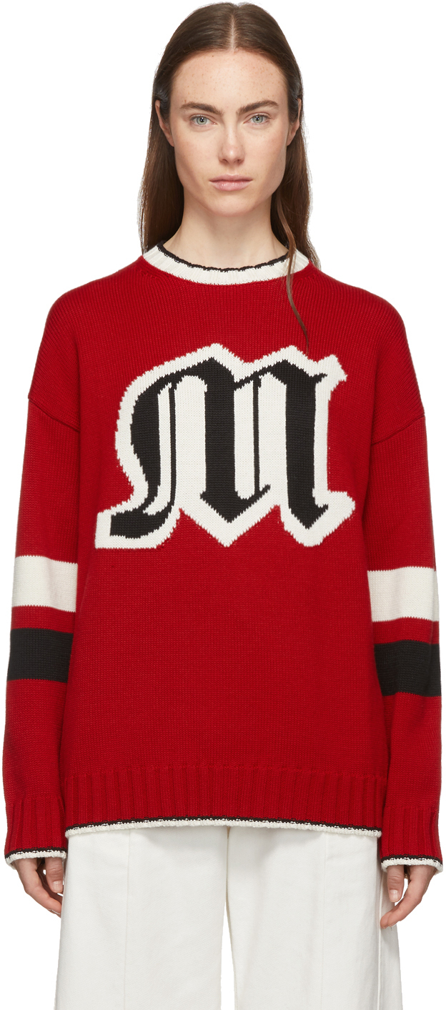 MSGM: Red Knit Logo Sweater | SSENSE