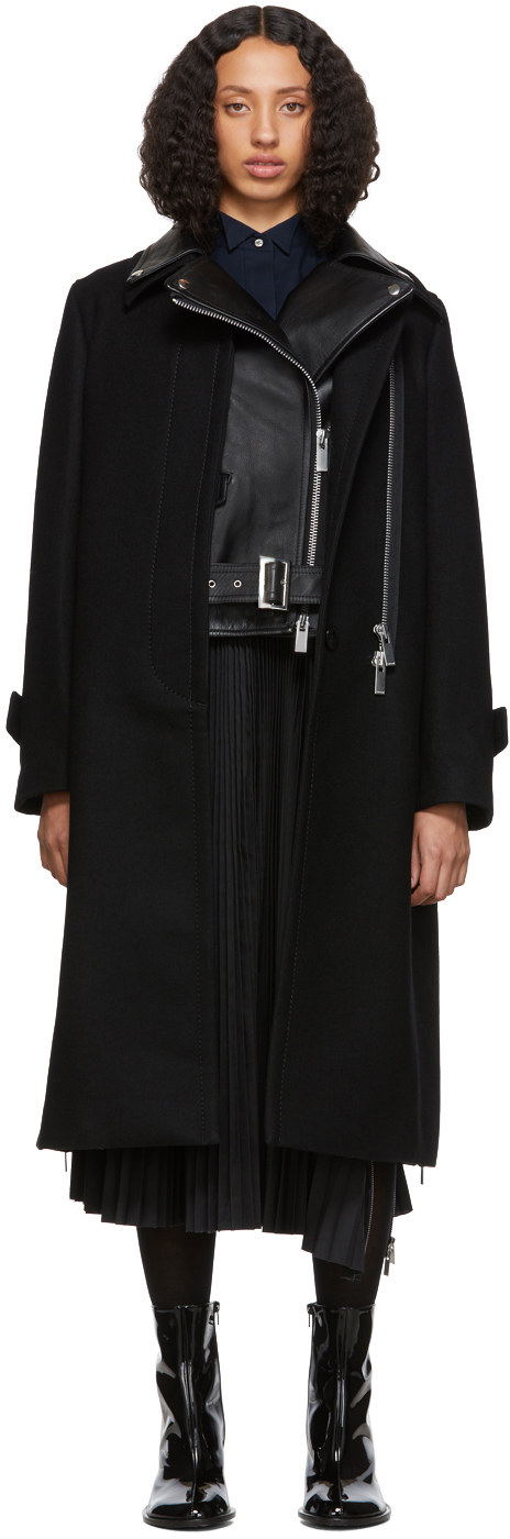 sacai: Black Melton Wool & Leather Convertible Trench Coat | SSENSE Canada