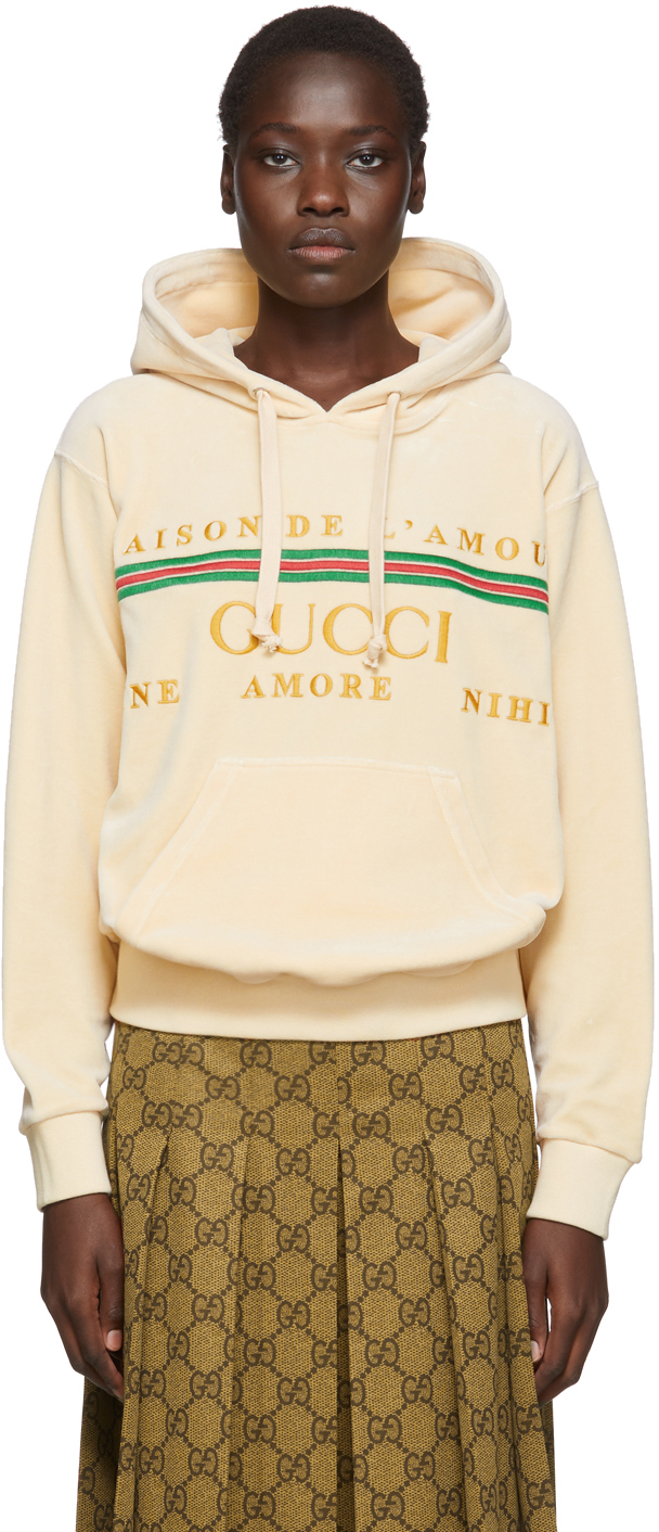 Gucci: Beige Chenille Logo Hoodie | SSENSE