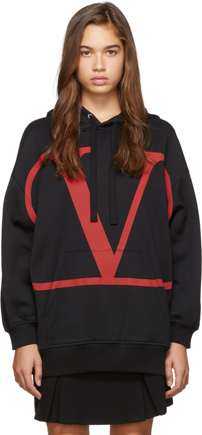 Valentino: Black & Red 'VLTN' Hoodie | SSENSE Canada