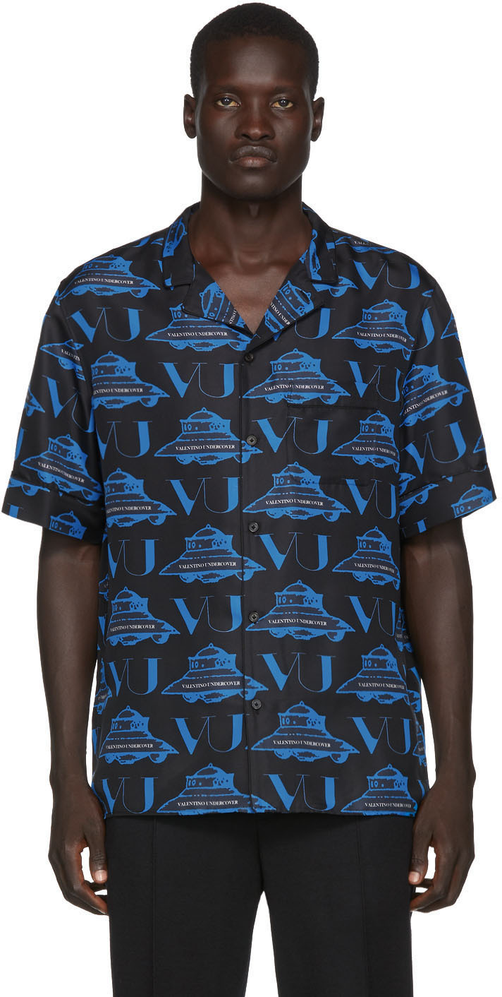 Valentino: Black & Blue Undercover Edition Silk UFO Logo Shirt | SSENSE UK