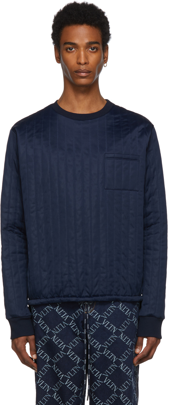 Valentino: Navy Nylon Crewneck Sweater | SSENSE