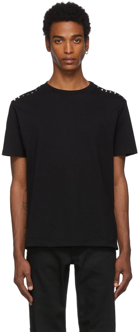 Valentino: Black Shoulder Rockstud T-Shirt | SSENSE