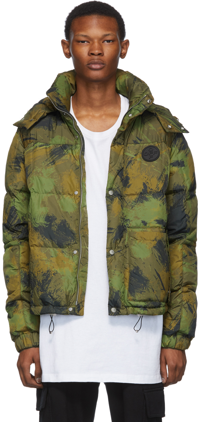 Off-White: Green Down Paintbrush Camouflage Jacket | SSENSE