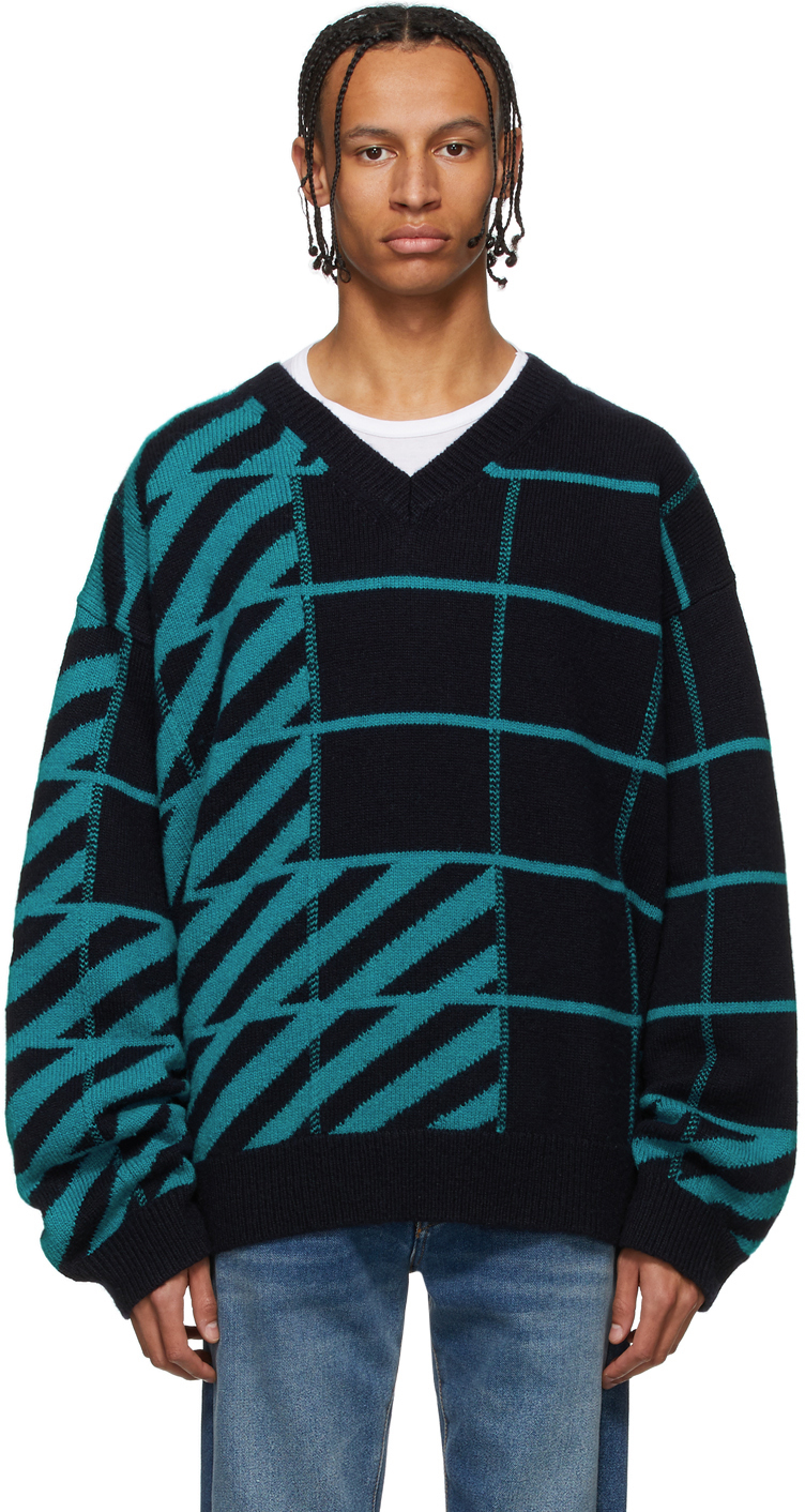 Off-White: Navy & Blue Diag Panel Sweater | SSENSE