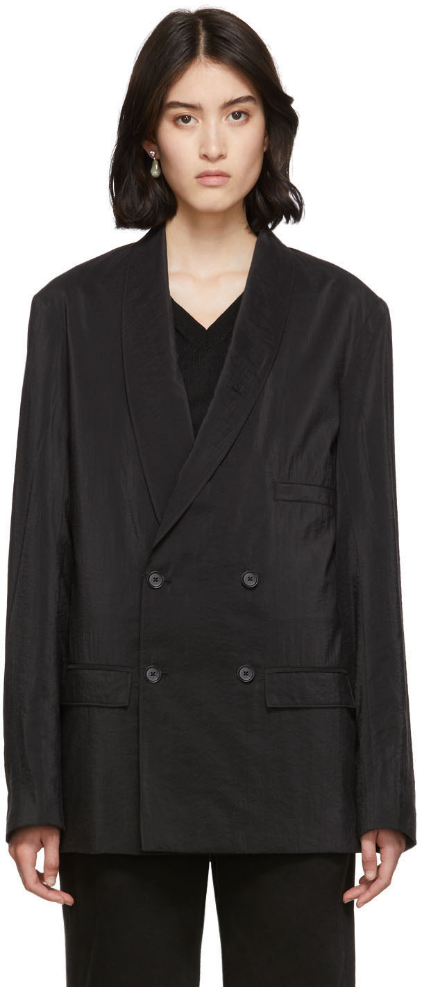 LEMAIRE: Black Dry Silk Double-Breasted Blazer | SSENSE