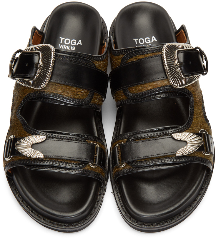 Toga Virilis Khaki Black Calf Hair Buckle Sandals Ssense