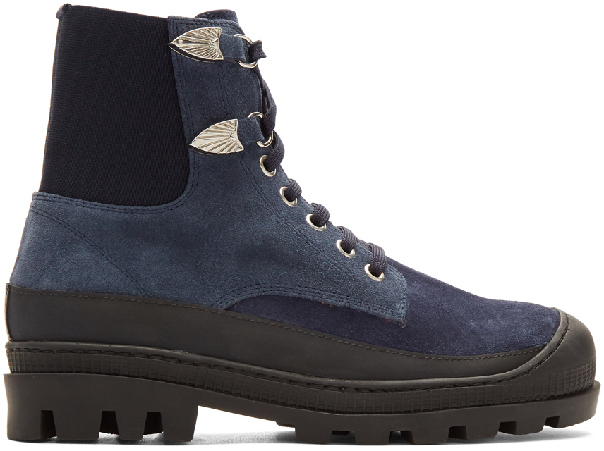 Toga Virilis: Blue Suede Lace-Up Boots | SSENSE