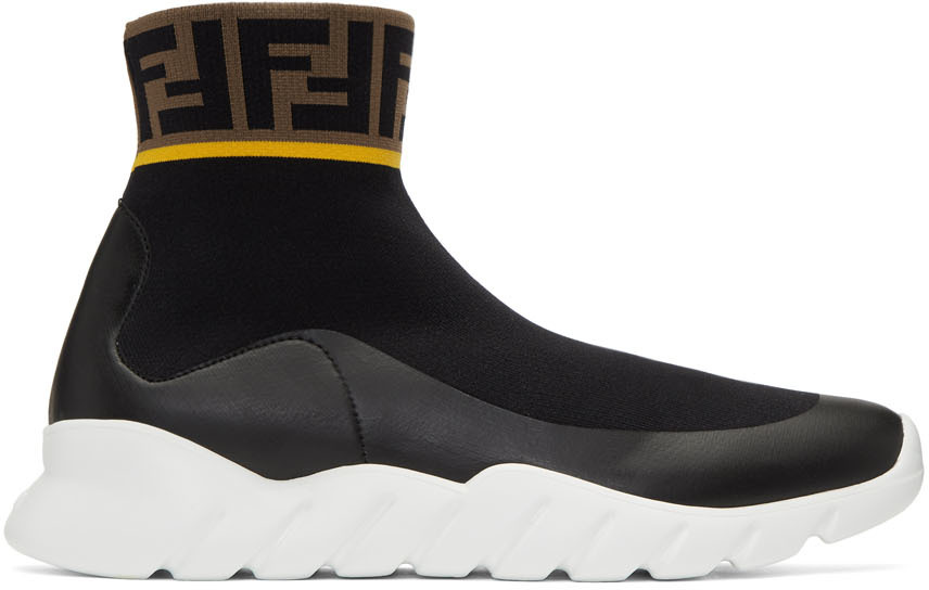 Fendi: Black & White Tech Knit 'Forever Fendi' High-Top Sneakers ...